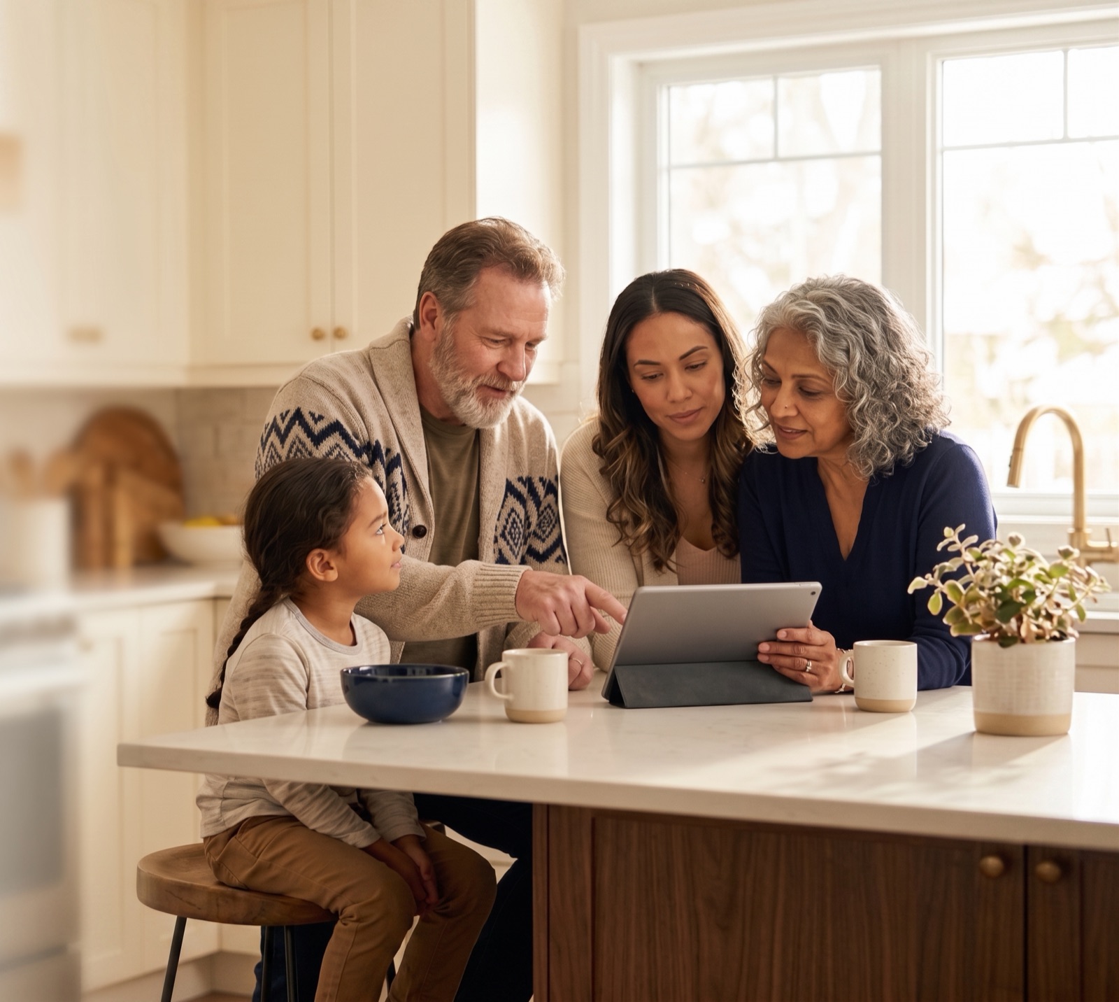 A multi-generational family reviewing decisions together on a tablet at their kitchen island