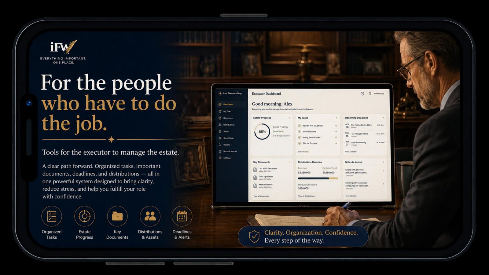The Executor Plan: for the people who have to do the job. An Executor Dashboard showing estate progress, tasks, key documents, distributions, and upcoming deadlines.